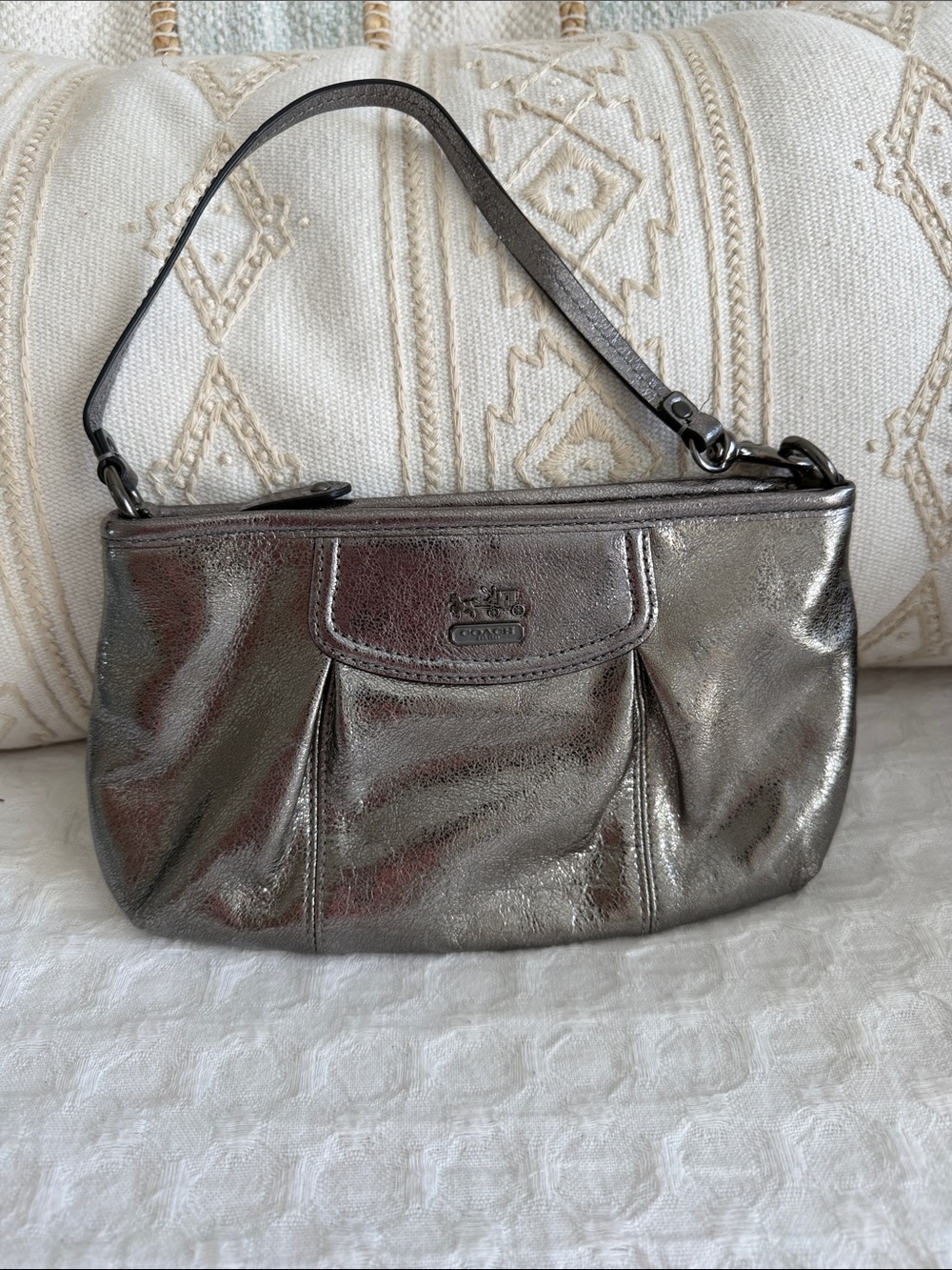 Coach Metallic Pewter Leather Wristlet